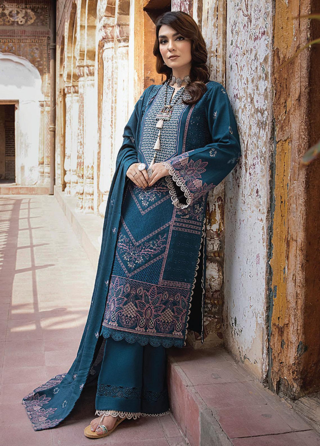 Vasl By Humdum Embroidered Leather Peach Suits Unstitched 3 Piece HD23V 03 - Winter Collection