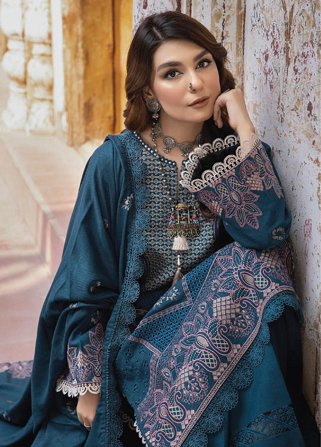Vasl By Humdum Embroidered Leather Peach Suits Unstitched 3 Piece HD23V 03 - Winter Collection
