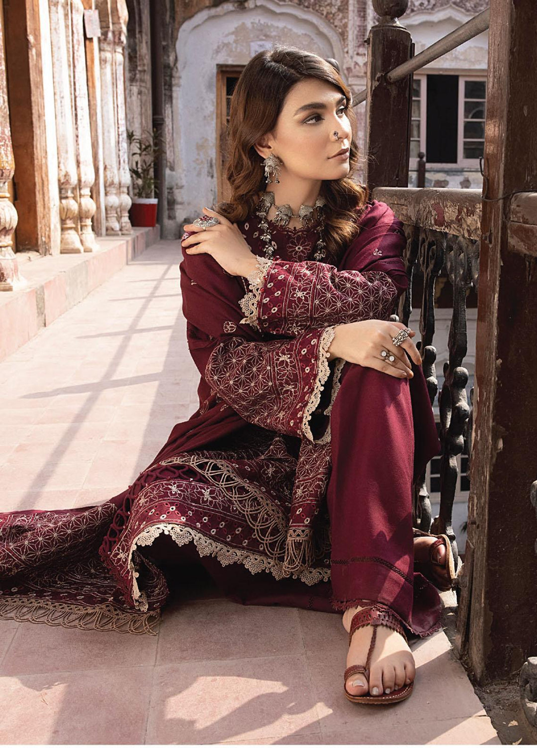 Vasl By Humdum Embroidered Leather Peach Suits Unstitched 3 Piece HD23V 04 - Winter Collection