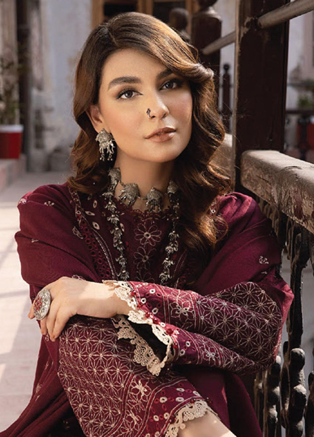 Vasl By Humdum Embroidered Leather Peach Suits Unstitched 3 Piece HD23V 04 - Winter Collection