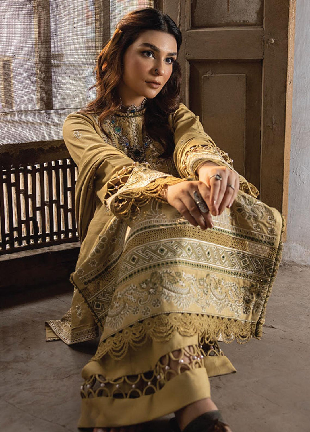 Vasl By Humdum Embroidered Leather Peach Suits Unstitched 3 Piece HD23V 05 - Winter Collection