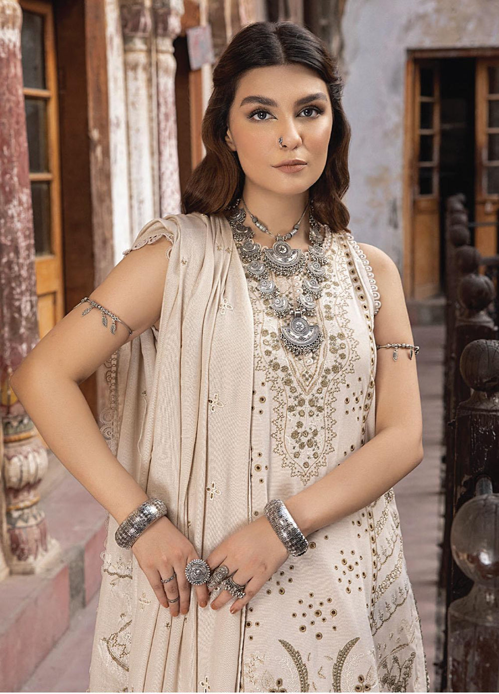Vasl By Humdum Embroidered Leather Peach Suits Unstitched 3 Piece HD23V 06 - Winter Collection