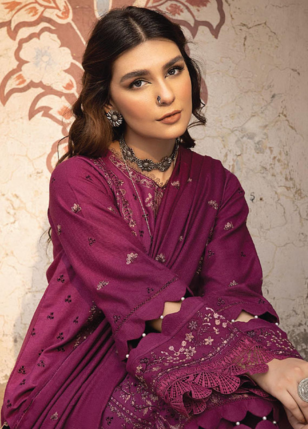 Vasl By Humdum Embroidered Leather Peach Suits Unstitched 3 Piece HD23V 07 - Winter Collection