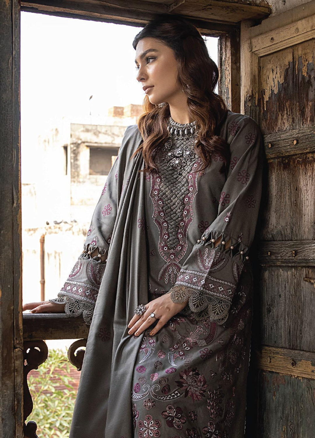Vasl By Humdum Embroidered Leather Peach Suits Unstitched 3 Piece HD23V 08 - Winter Collection