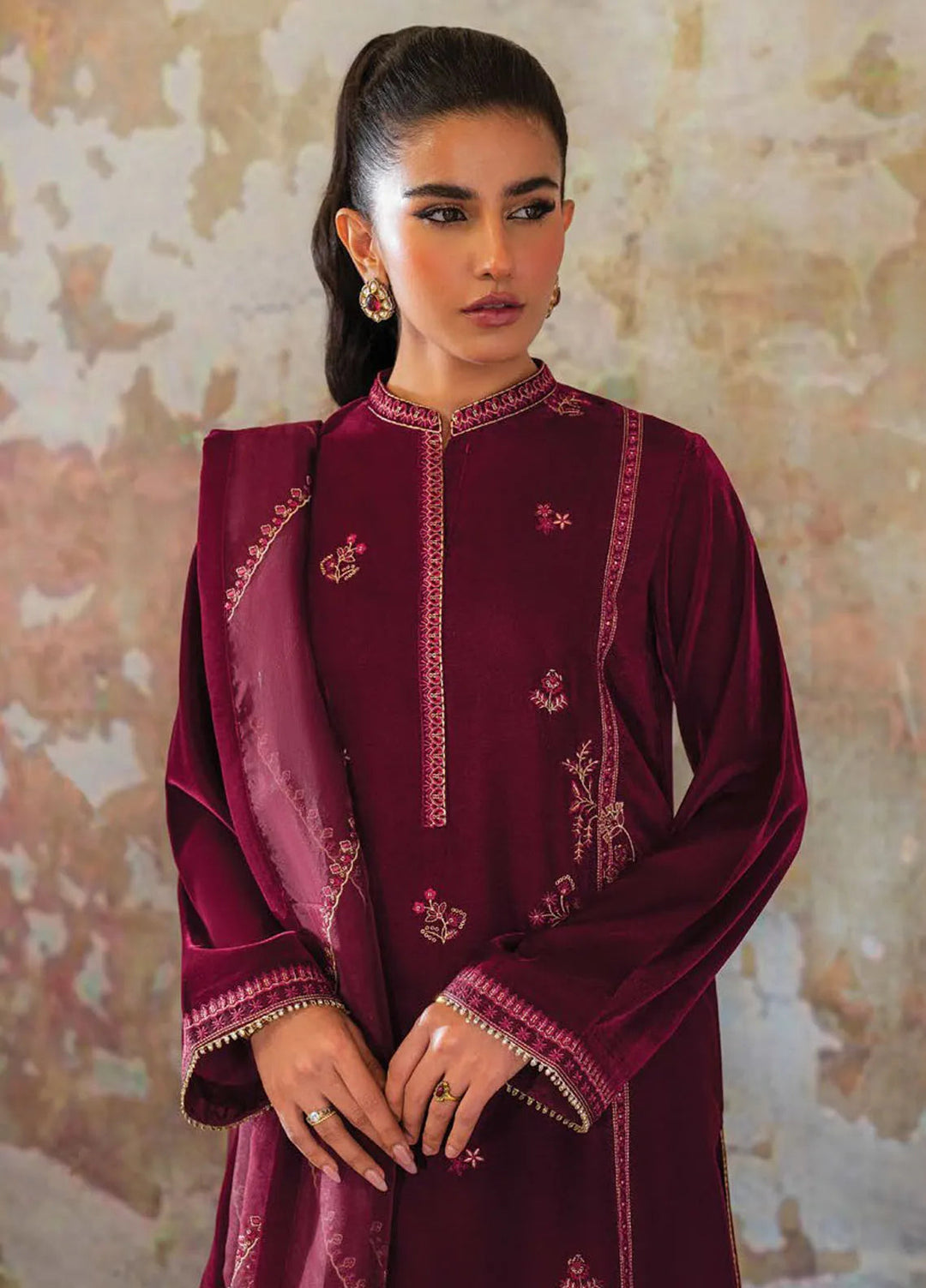 Velmor by Seran Embroidered Velvet Suit Unstitched 3 Piece SRN24VF Mulbery - Formal Collection