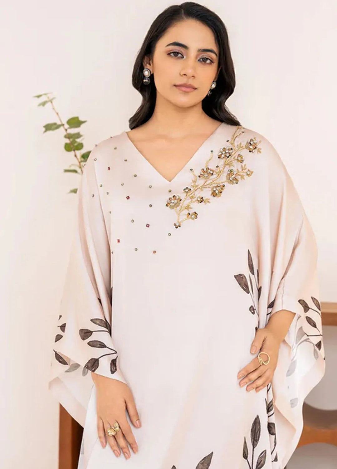 Velora by Stitch Vibes Pret Printed Charmeuse 1 Piece Suit Serene Ivory Kaftan
