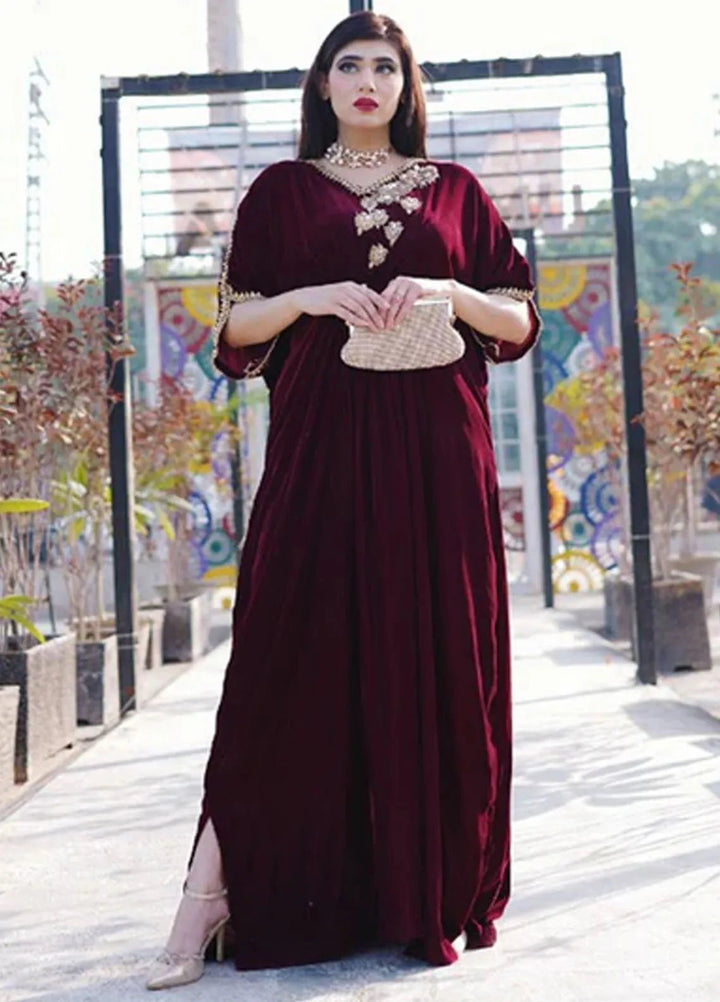 Velora by Stitch Vibes Pret Solid Velvet 1 Piece Suit Maroon Velvet Kaftan