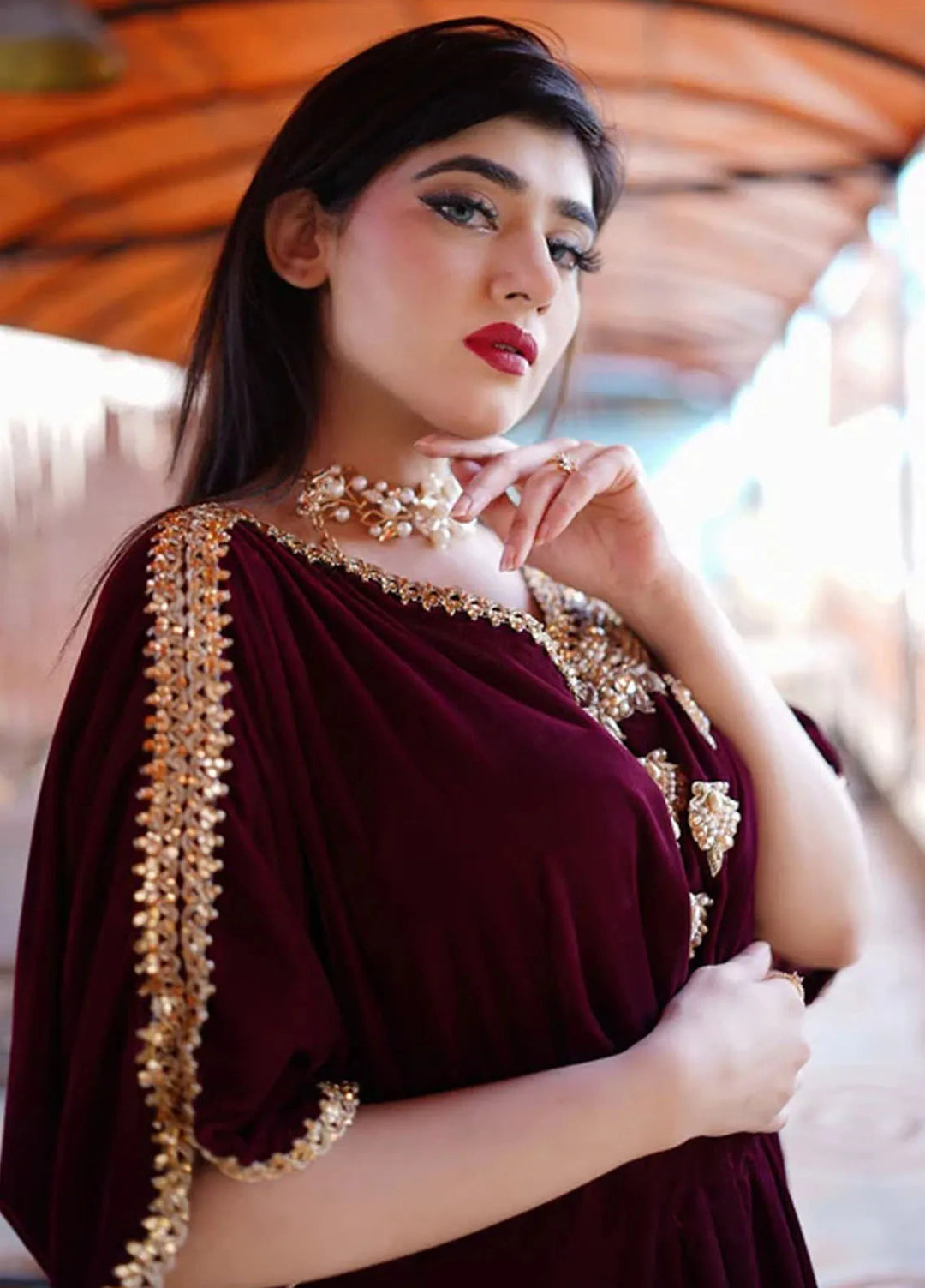 Velora by Stitch Vibes Pret Solid Velvet 1 Piece Suit Maroon Velvet Kaftan