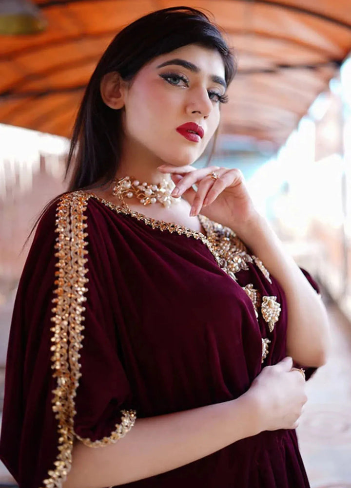 Velora by Stitch Vibes Pret Solid Velvet 1 Piece Suit Maroon Velvet Kaftan