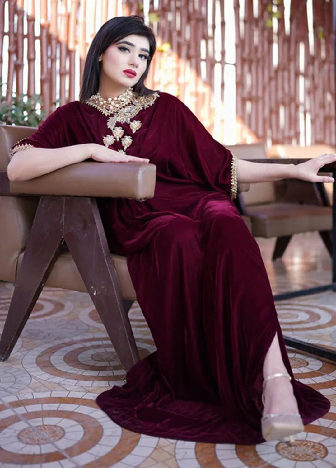 Velora by Stitch Vibes Pret Solid Velvet 1 Piece Suit Maroon Velvet Kaftan