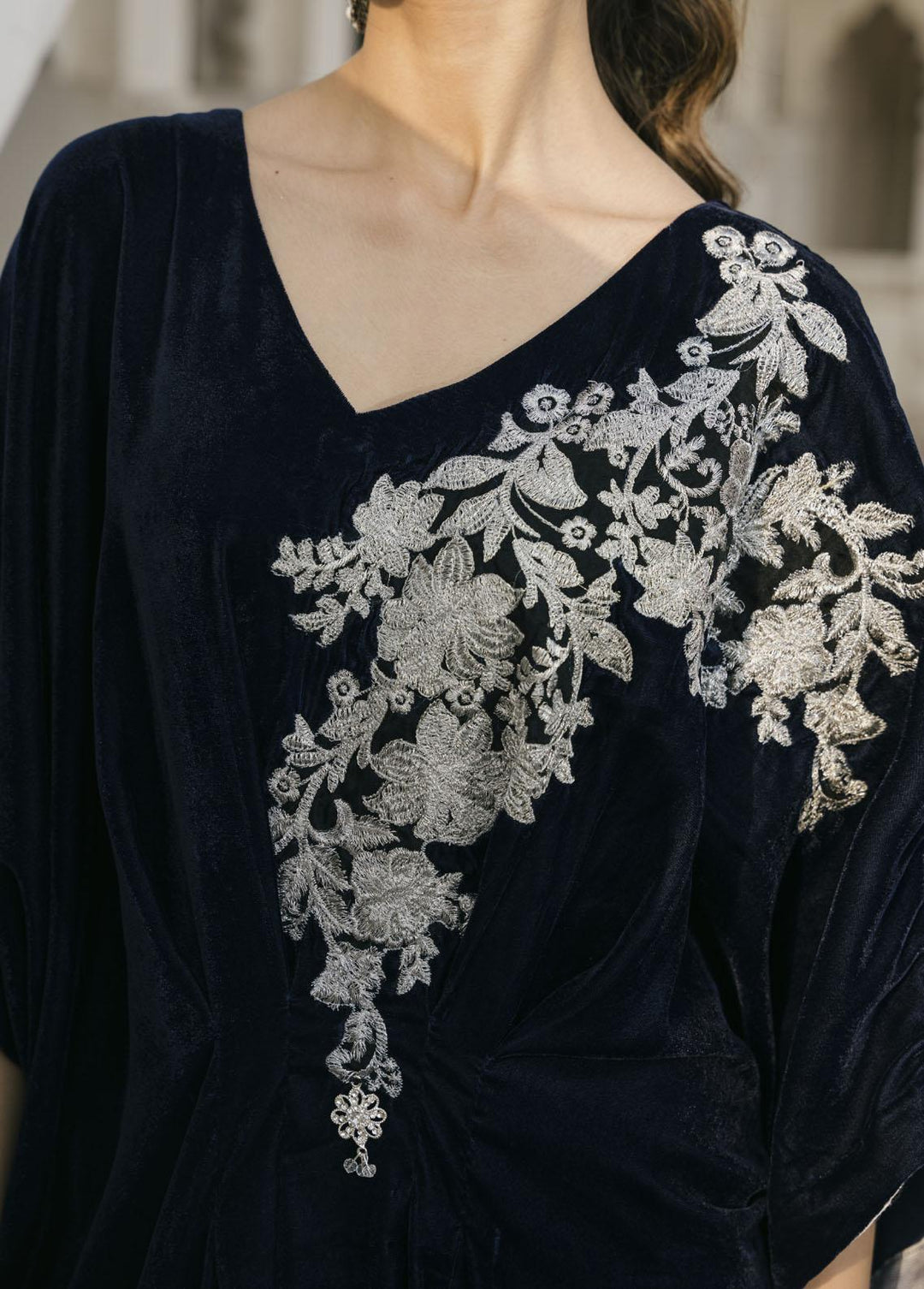 Naayas Pret Embroidered Velvet Kaftan Blue Moose