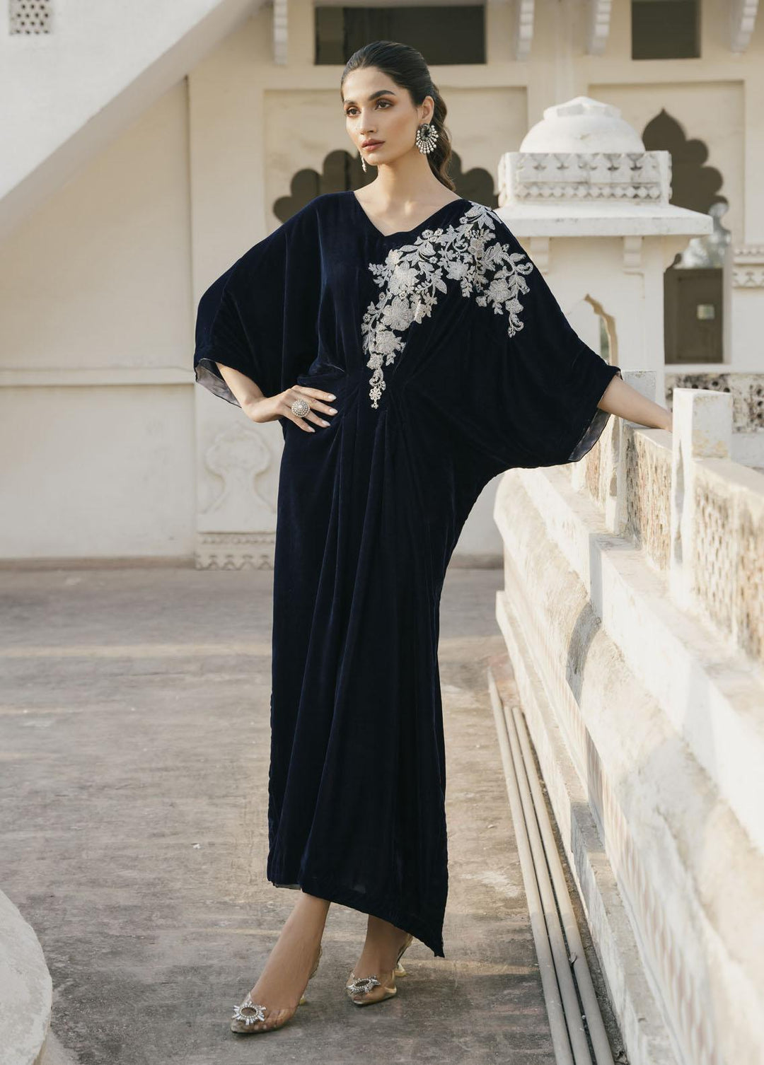 Naayas Pret Embroidered Velvet Kaftan Blue Moose