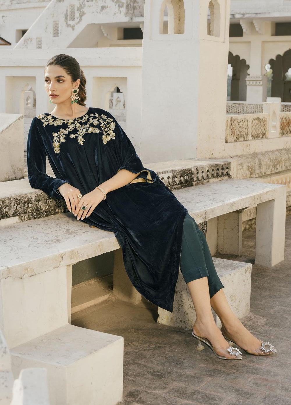 Naayas Pret Embroidered Velvet 2 Piece Suit Teal hues