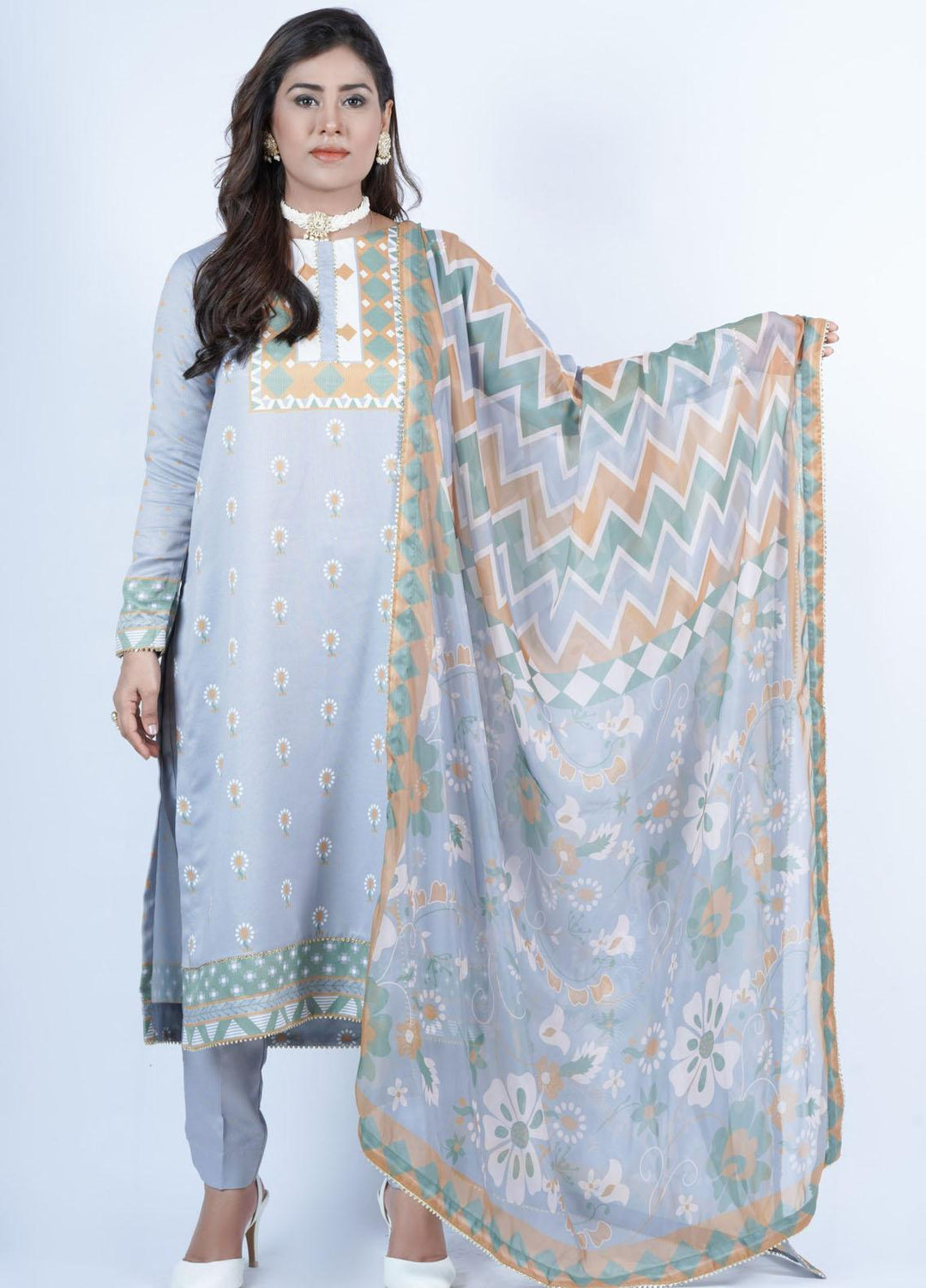 Vibgyor Fashion Printed Corduroy Suits Unstitched 3 Piece Daisy Light Blue D9-C1-23U - Formal Collection