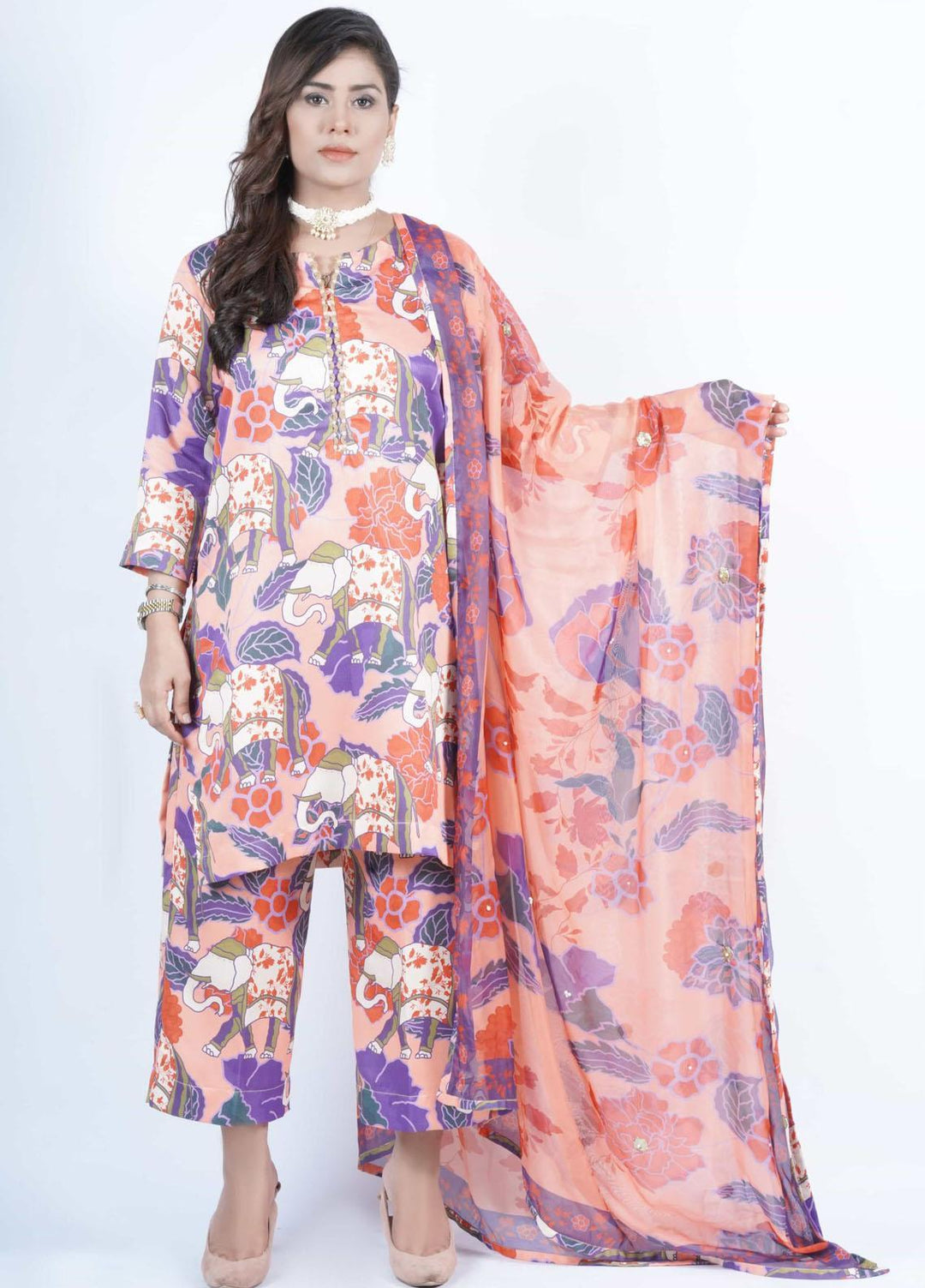 Vibgyor Fashion Printed Corduroy Suits Unstitched 3 Piece Floral Mughal Orange D10-C1-23U - Formal Collection