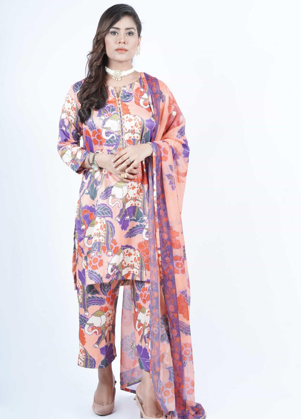 Vibgyor Fashion Printed Corduroy Suits Unstitched 3 Piece Floral Mughal Orange D10-C1-23U - Formal Collection