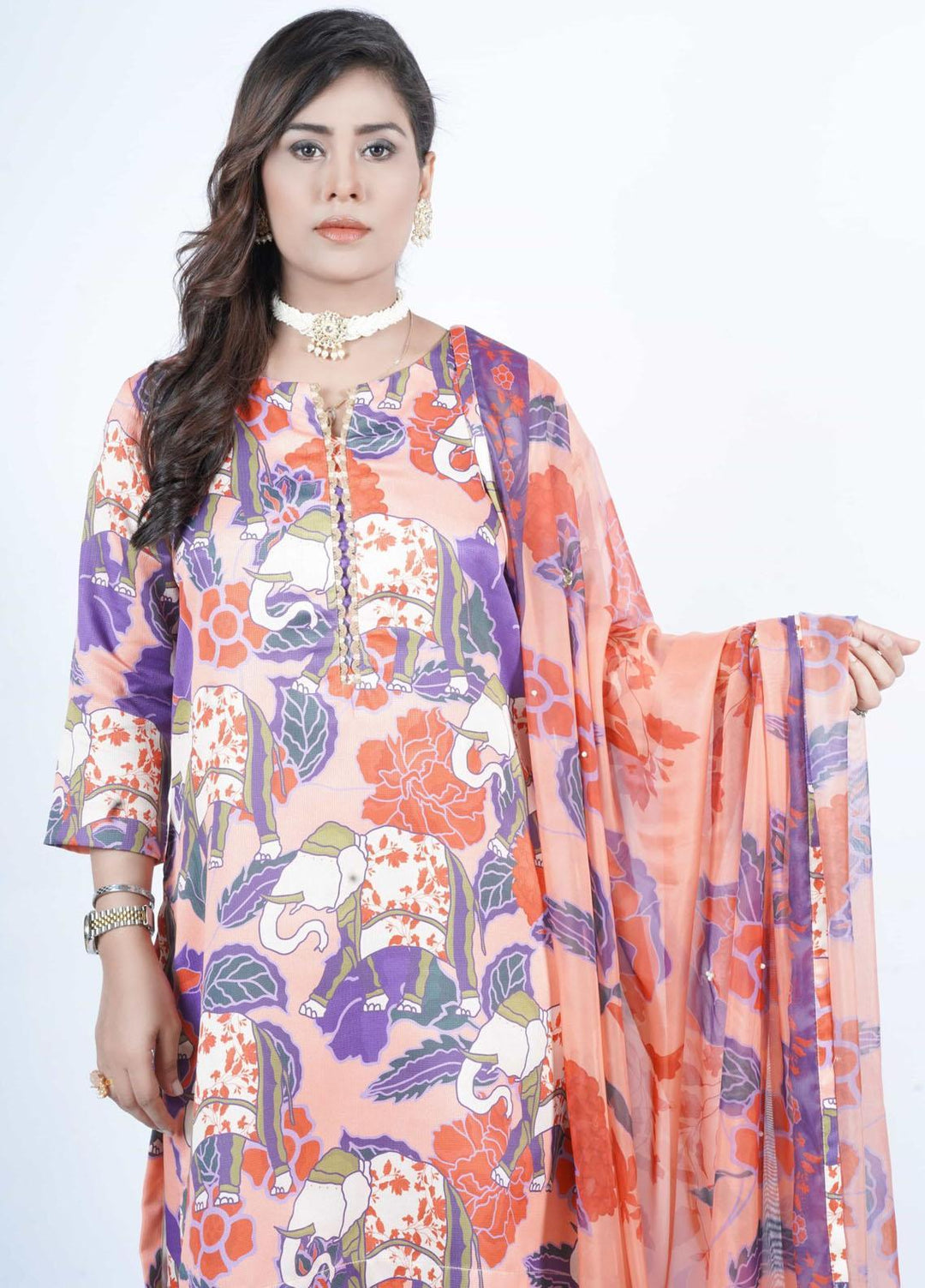 Vibgyor Fashion Printed Corduroy Suits Unstitched 3 Piece Floral Mughal Orange D10-C1-23U - Formal Collection