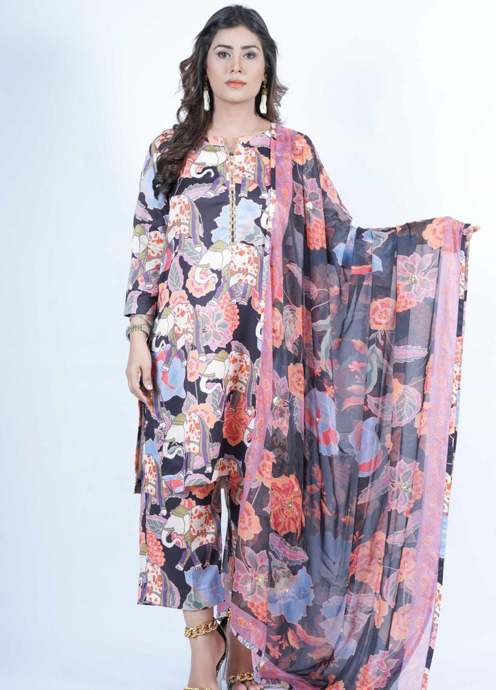 Vibgyor Fashion Printed Corduroy Suits Unstitched 3 Piece Floral Mughal Black D10-C2-23U - Formal Collection