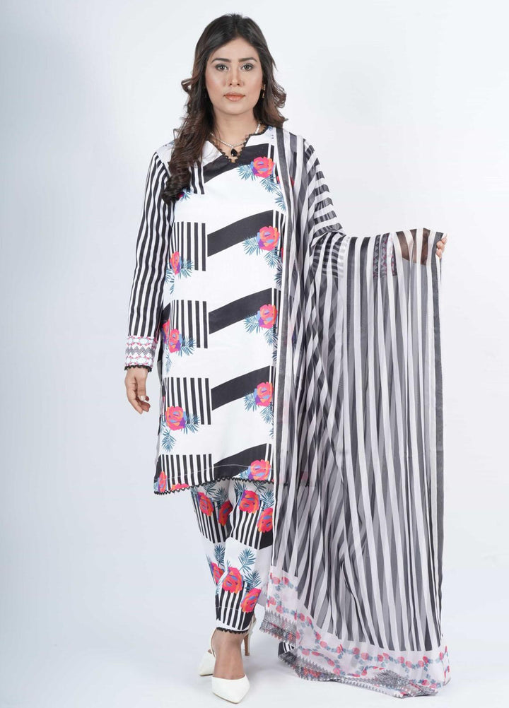 Vibgyor Fashion Printed Corduroy Suits Unstitched 3 Piece Floarl Linea Black And White D11-23U - Formal Collection