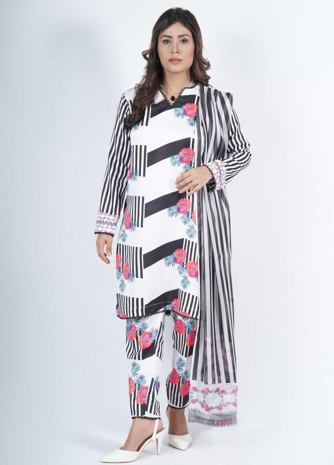 Vibgyor Fashion Printed Corduroy Suits Unstitched 3 Piece Floarl Linea Black And White D11-23U - Formal Collection