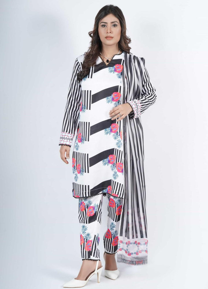 Vibgyor Fashion Printed Corduroy Suits Unstitched 3 Piece Floarl Linea Black And White D11-23U - Formal Collection