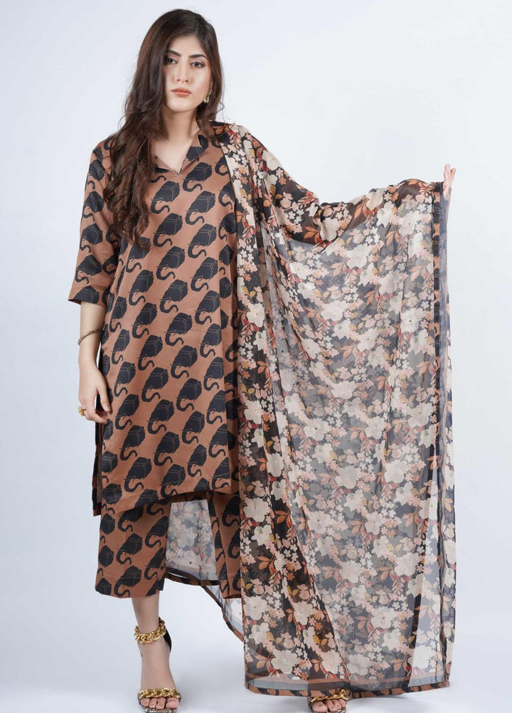 Vibgyor Fashion Printed Corduroy Suits Unstitched 3 Piece EleS Trompe Coffee Brown D12-C1-23U - Formal Collection