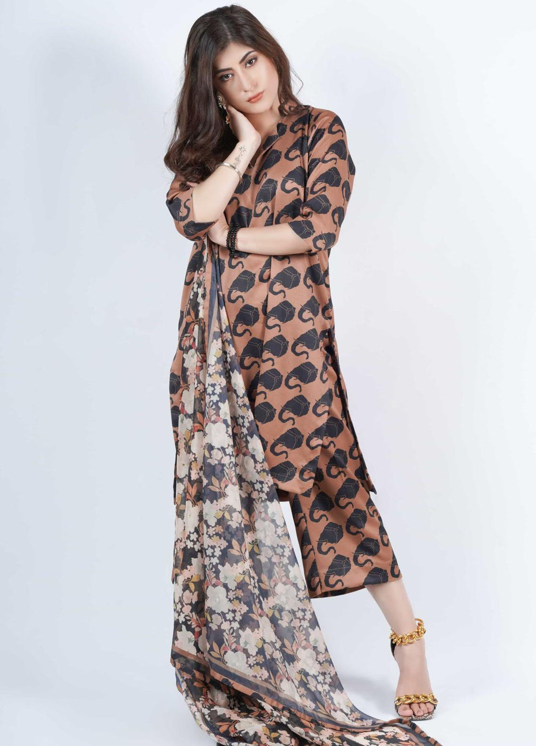 Vibgyor Fashion Printed Corduroy Suits Unstitched 3 Piece EleS Trompe Coffee Brown D12-C1-23U - Formal Collection