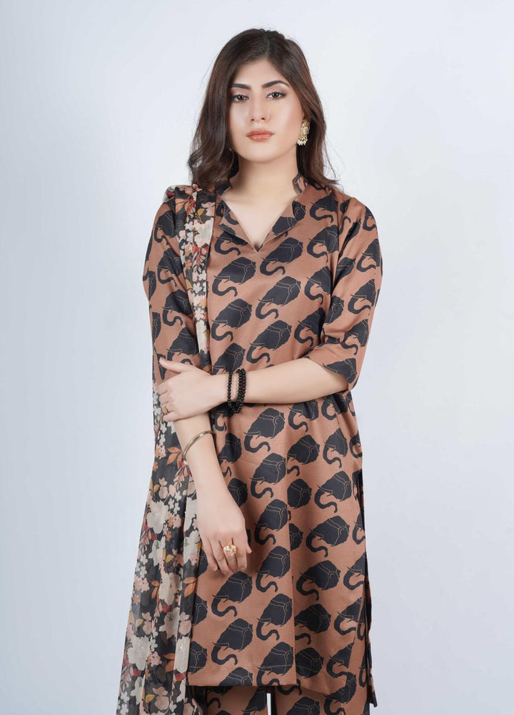 Vibgyor Fashion Printed Corduroy Suits Unstitched 3 Piece EleS Trompe Coffee Brown D12-C1-23U - Formal Collection
