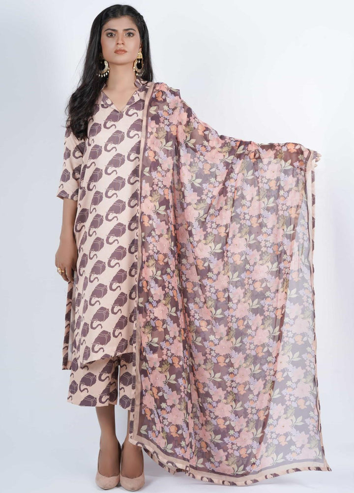 Vibgyor Fashion Printed Corduroy Suits Unstitched 3 Piece EleS Trompe Coffee Skin D12-C2-23U - Formal Collection