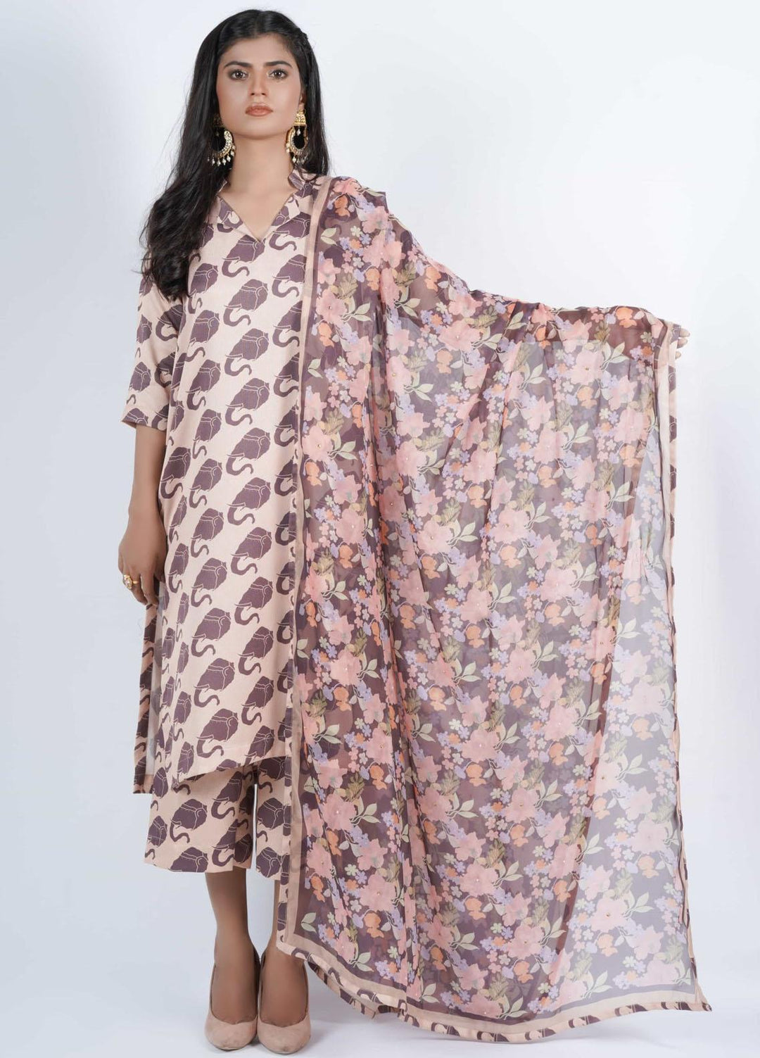 Vibgyor Fashion Printed Corduroy Suits Unstitched 3 Piece EleS Trompe Coffee Skin D12-C2-23U - Formal Collection