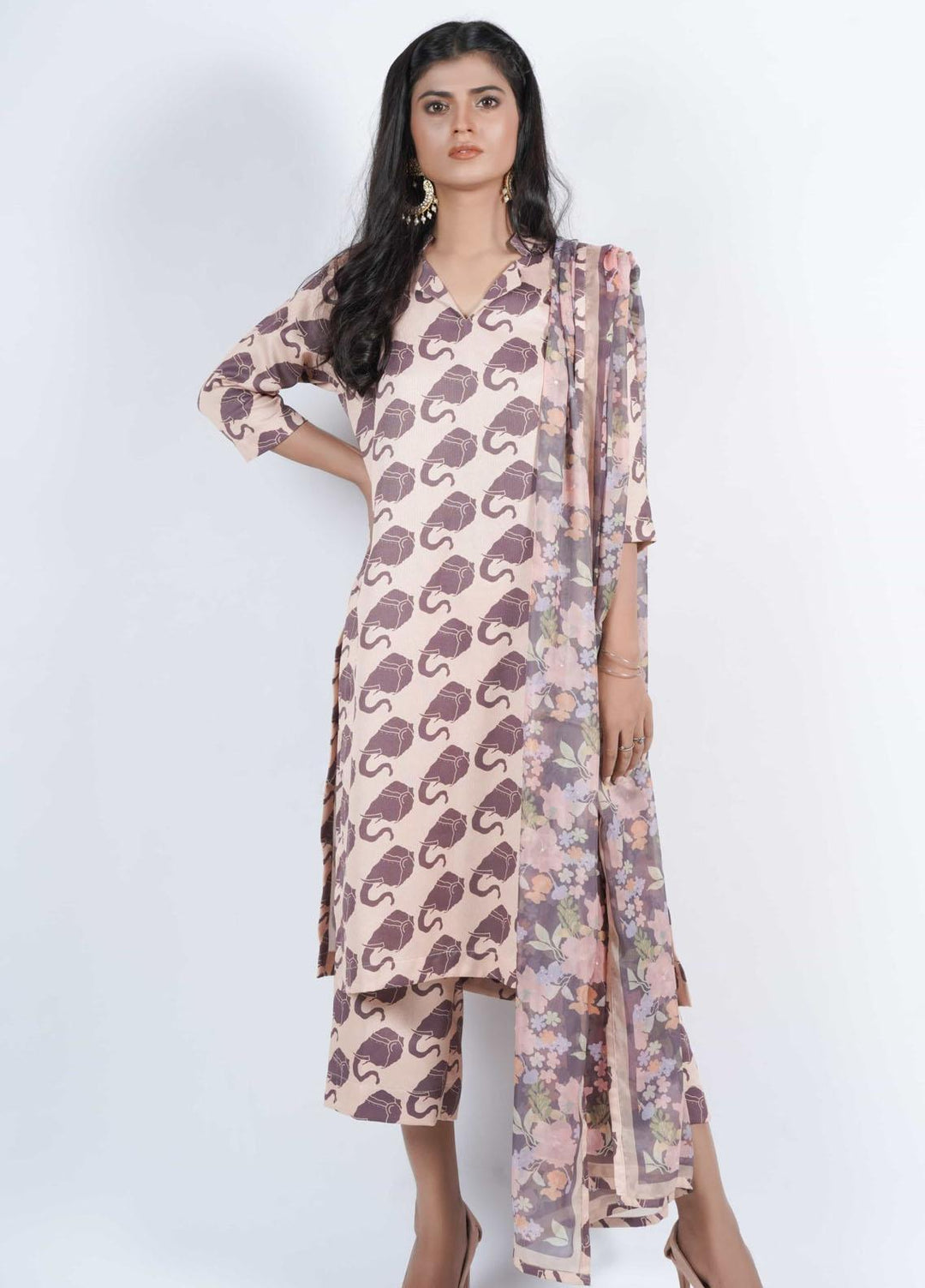 Vibgyor Fashion Printed Corduroy Suits Unstitched 3 Piece EleS Trompe Coffee Skin D12-C2-23U - Formal Collection