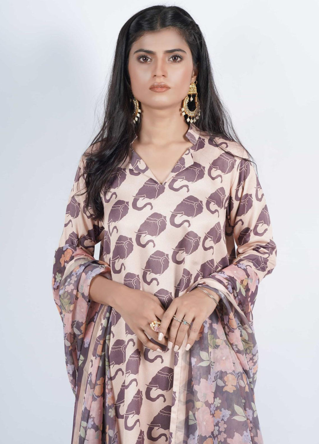 Vibgyor Fashion Printed Corduroy Suits Unstitched 3 Piece EleS Trompe Coffee Skin D12-C2-23U - Formal Collection