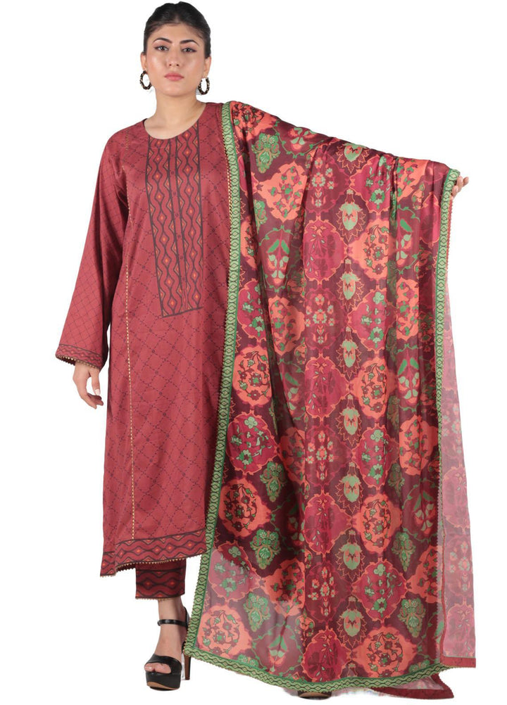 Vibgyor Fashion Printed Lawn Suits Unstitched 3 Piece Elaya Red D3-C1-23U - Formal Collection