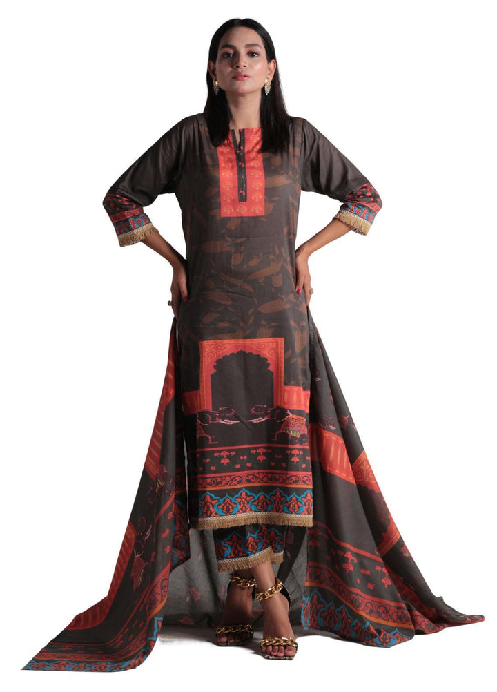 Vibgyor Fashion Printed Lawn Suits Unstitched 3 Piece Dua Black D4-C1-23U - Formal Collection