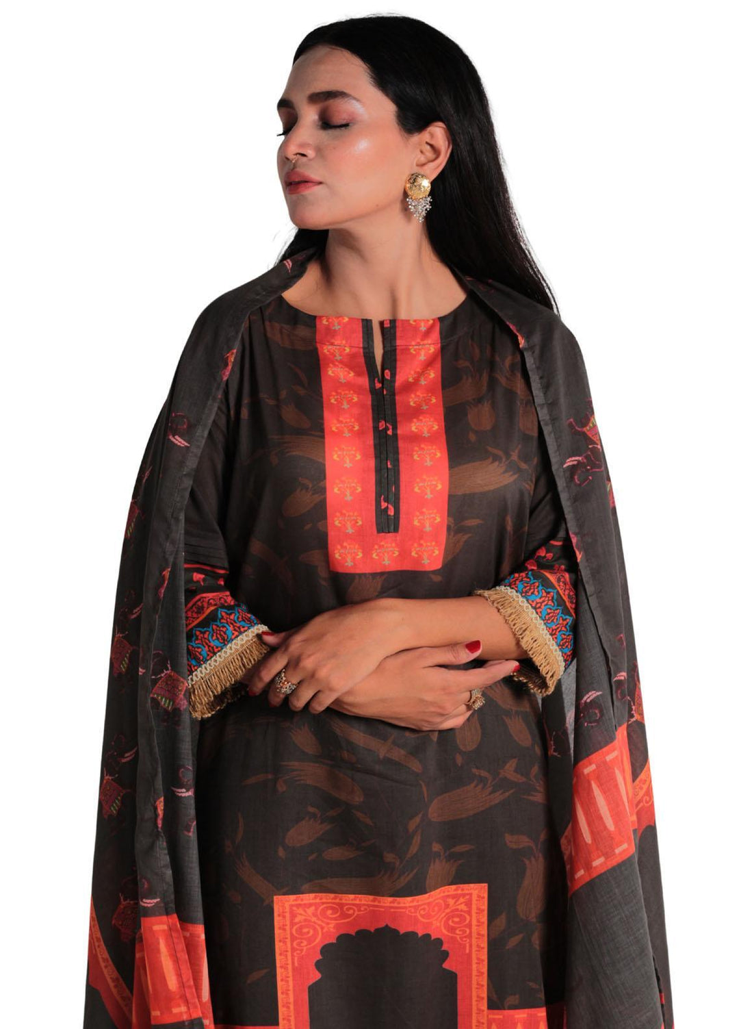 Vibgyor Fashion Printed Lawn Suits Unstitched 3 Piece Dua Black D4-C1-23U - Formal Collection