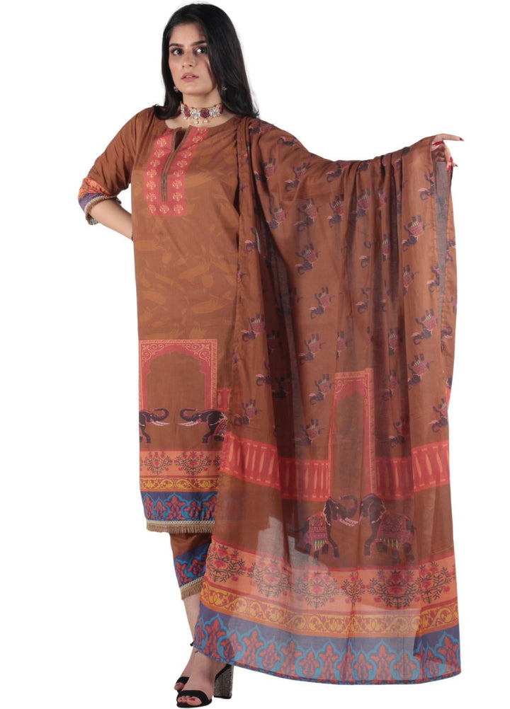 Vibgyor Fashion Printed Lawn Suits Unstitched 3 Piece Dua Brown D4-C2-23U - Formal Collection