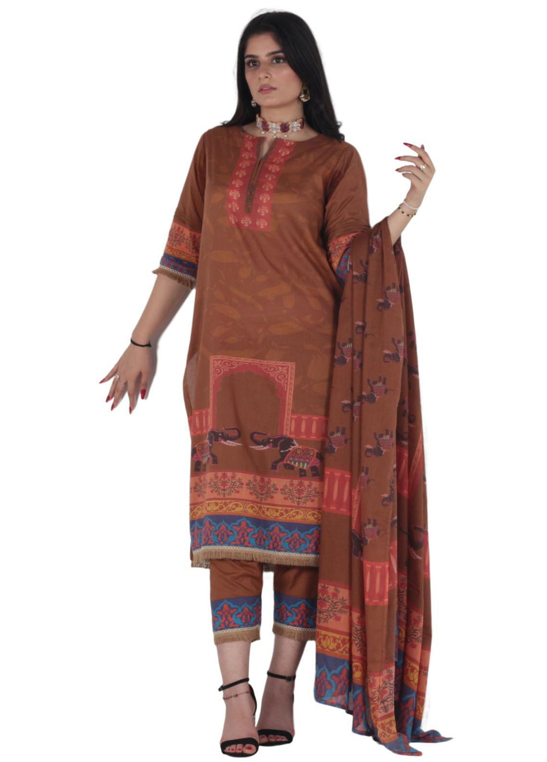 Vibgyor Fashion Printed Lawn Suits Unstitched 3 Piece Dua Brown D4-C2-23U - Formal Collection