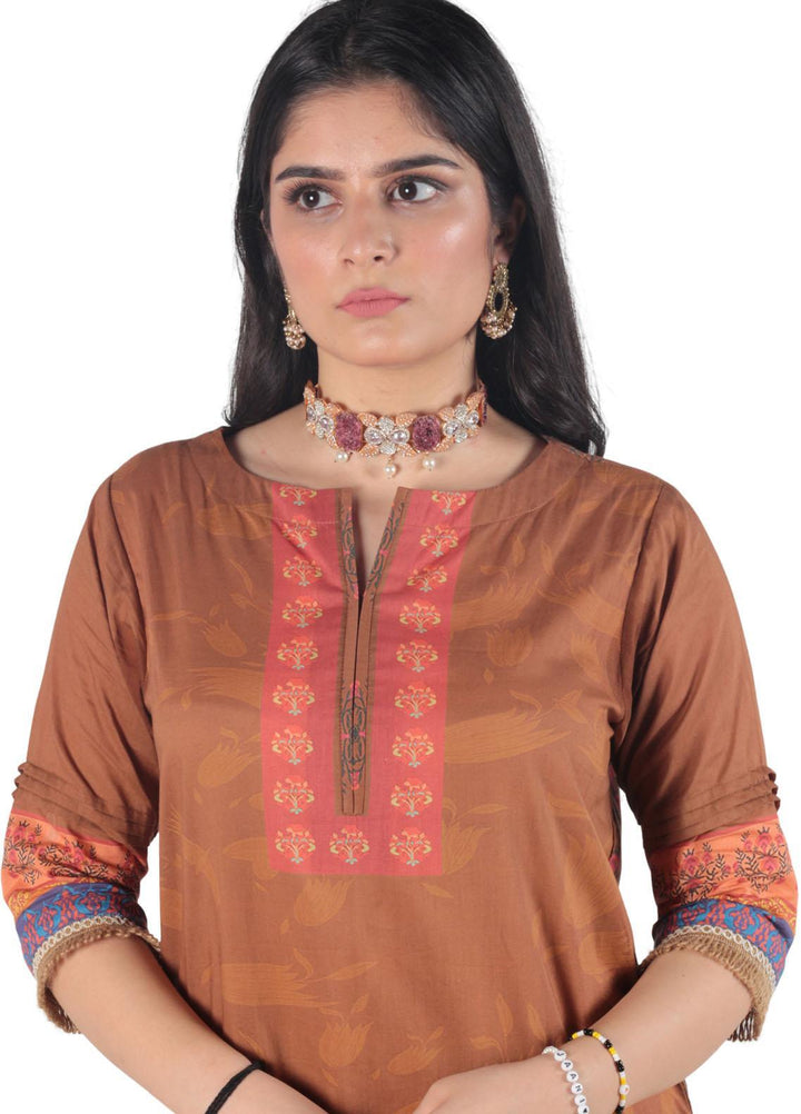 Vibgyor Fashion Printed Lawn Suits Unstitched 3 Piece Dua Brown D4-C2-23U - Formal Collection