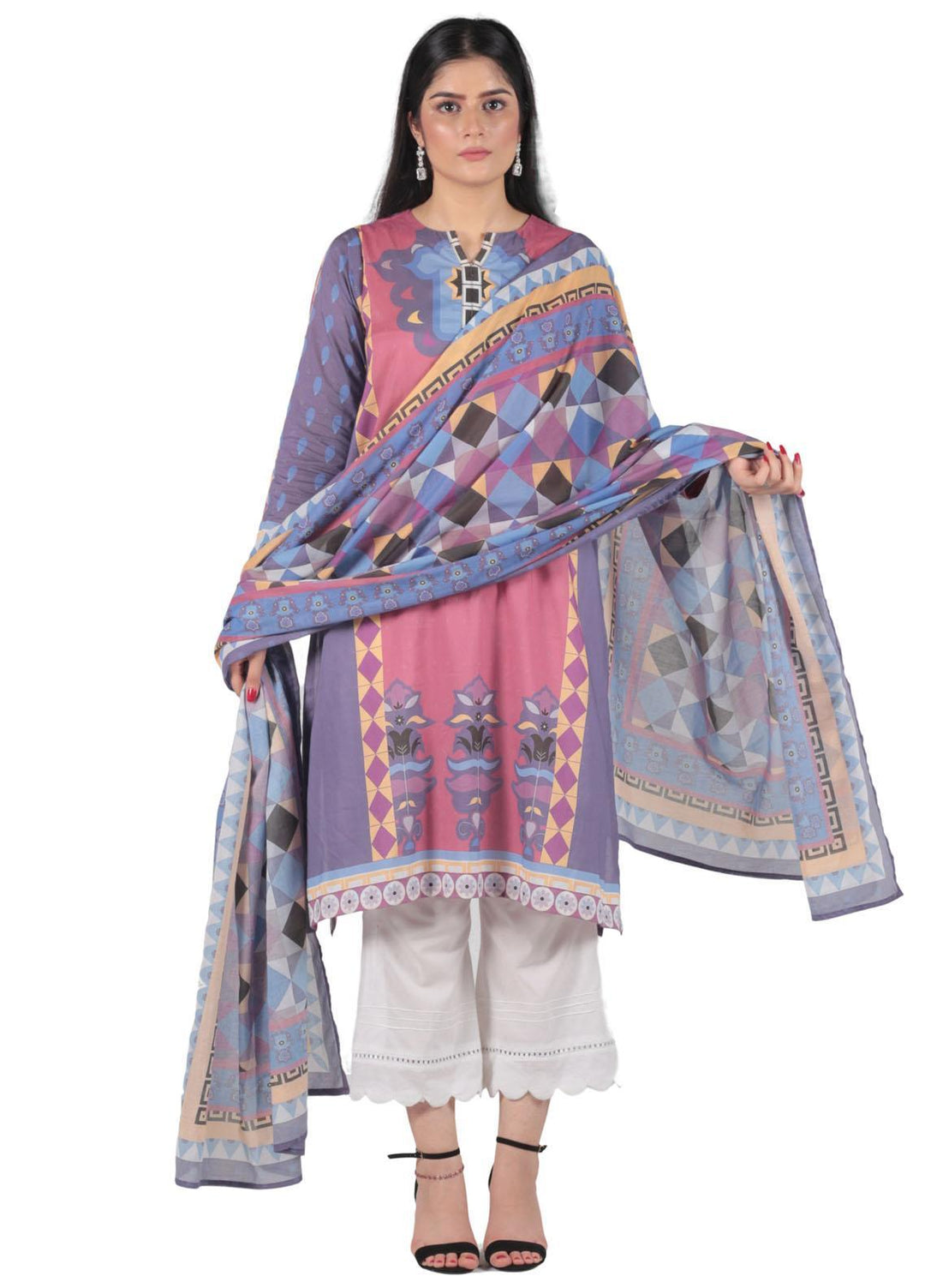 Vibgyor Fashion Printed Lawn Suits Unstitched 2 Piece Adaia Blue Pink D6-23U - Formal Collection