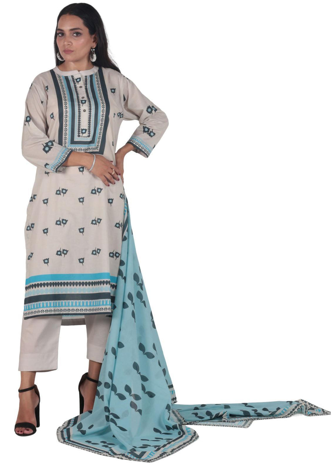 Vibgyor Fashion Printed Lawn Suits Unstitched 3 Piece Zade Ash White D12-C2-23U - Formal Collection