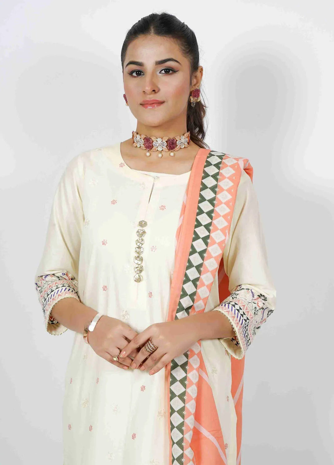 Vibgyor Fashion Pret Embroidered Lawn 3 Piece Suit D4C1-S-V124 SIA CREAM
