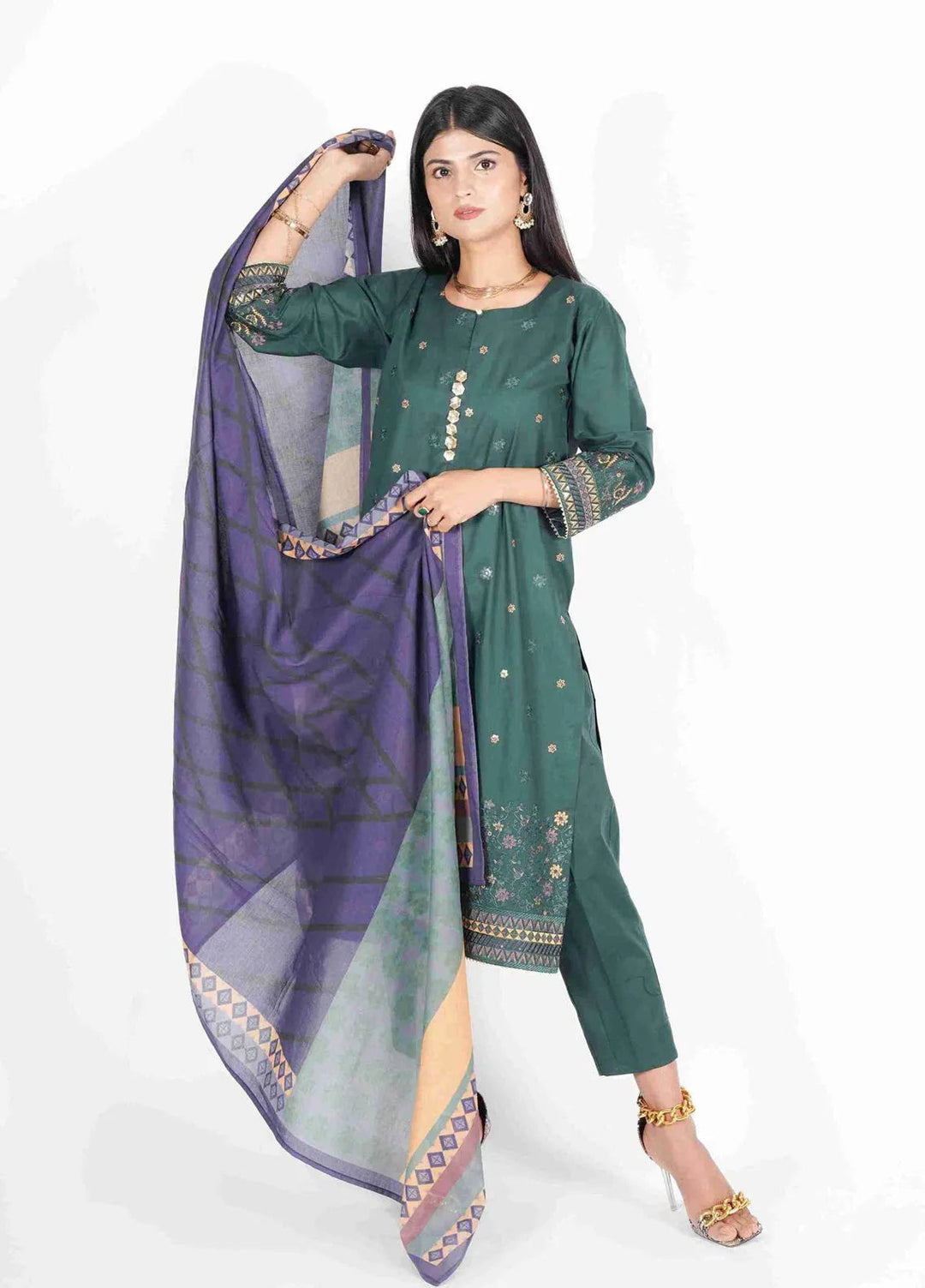 Vibgyor Fashion Pret Embroidered Lawn 3 Piece Suit D4C2-S-V124 SIA BOTTLE GREEN