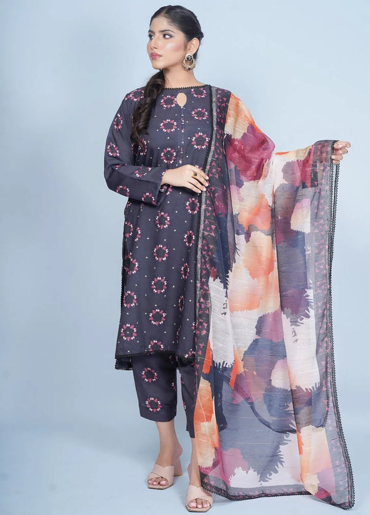 Vibgyor Fashion Pret Embroidered Swiss Lawn 3 Piece Suit Midnight Bloom Matte Black D4-A24