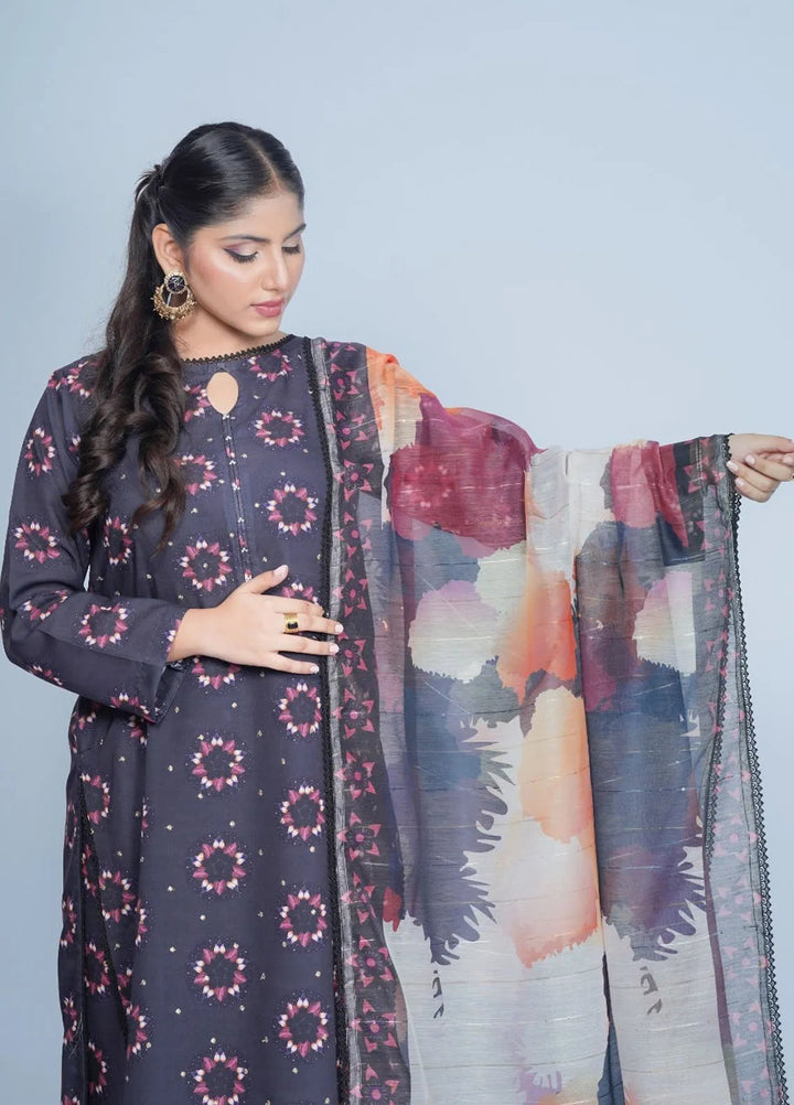 Vibgyor Fashion Pret Embroidered Swiss Lawn 3 Piece Suit Midnight Bloom Matte Black D4-A24