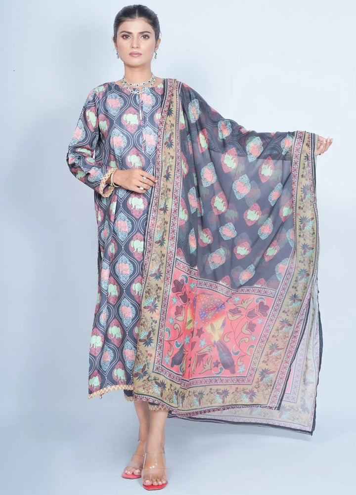 Vibgyor Fashion Pret Printed Chikankari 3 Piece Suit Chinoiserie Black D5-A24