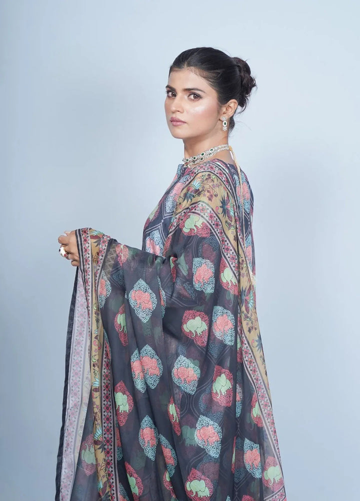 Vibgyor Fashion Pret Printed Chikankari 3 Piece Suit Chinoiserie Black D5-A24