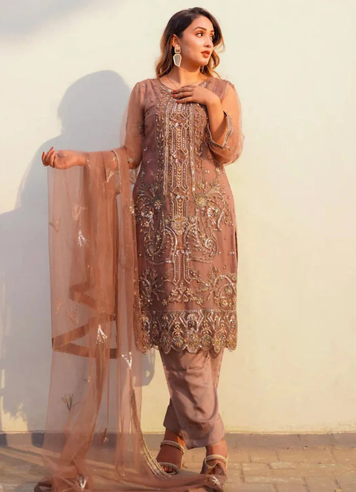Layout Pret Embroidered Net 4 Piece Suit Cocoa