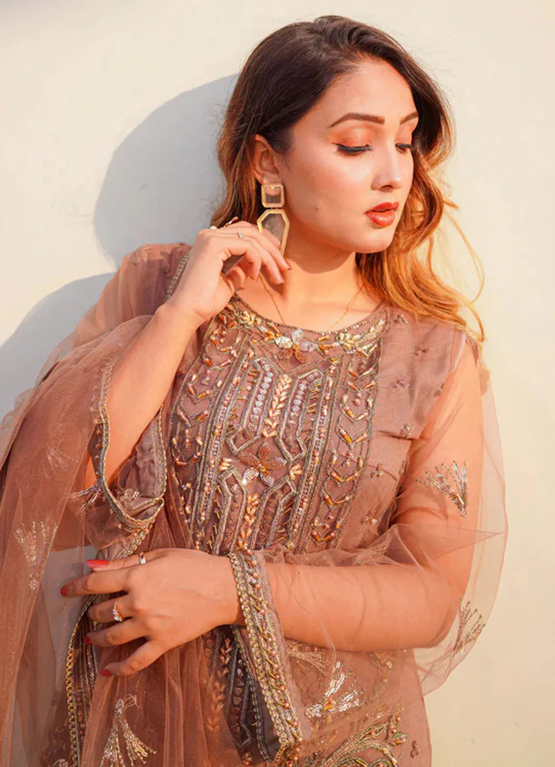 Layout Pret Embroidered Net 4 Piece Suit Cocoa