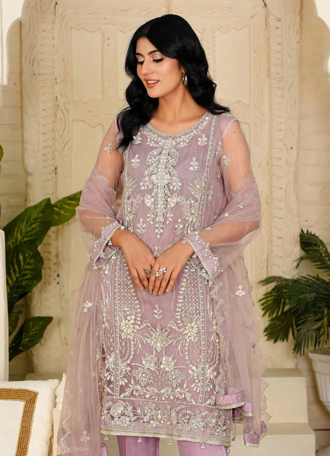 Layout Pret Embroidered Net 4 Piece Suit Lilac
