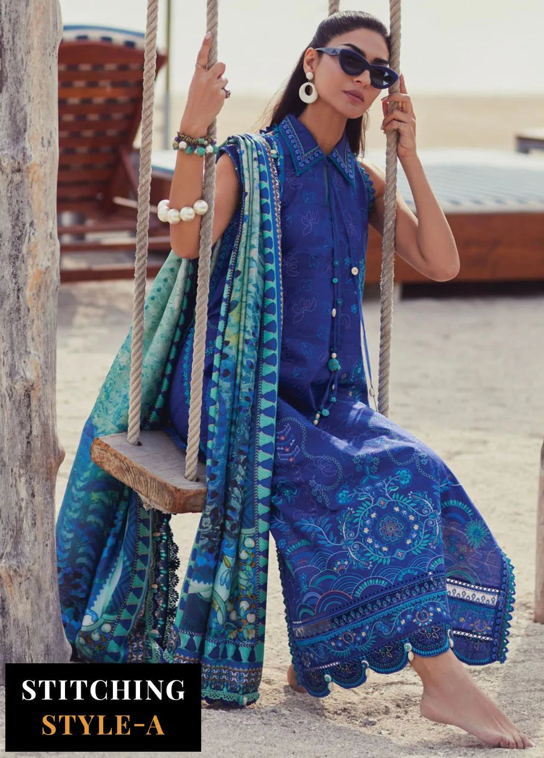 Wes by Farah Talib Embroidered Lawn Suits Unstitched 3 Piece FTA25WL FTA-06 Beryl Deep Blue - Luxury Collection